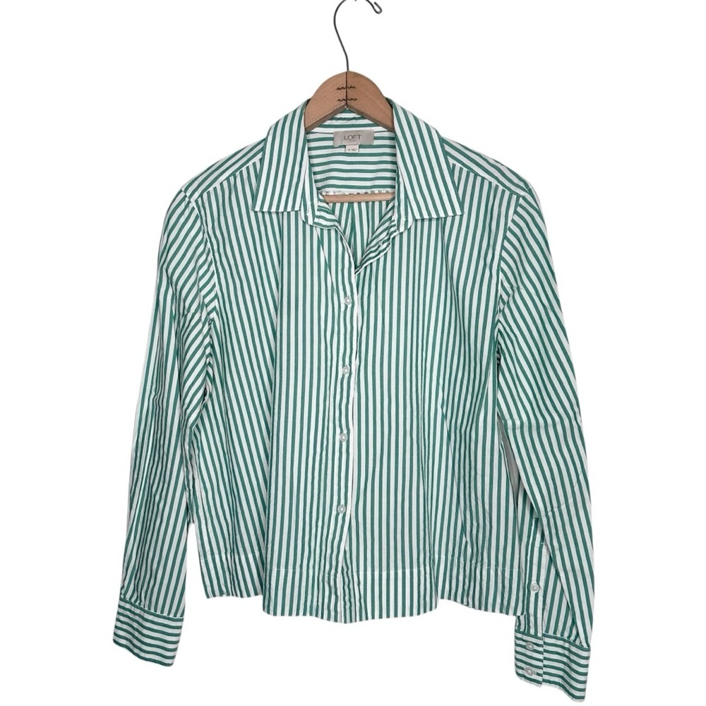 Loft Green and White Striped Button-Up Shirt Cropped Size Medium